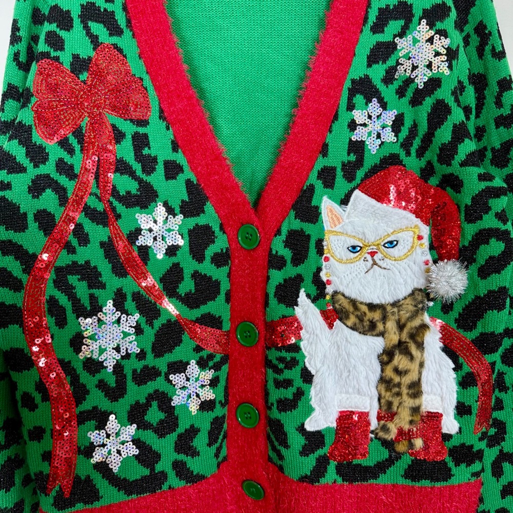 33 Degrees Womens Christmas Cat Cardigan Sweater M Green Leopard Sequin Holiday - Picture 3 of 9